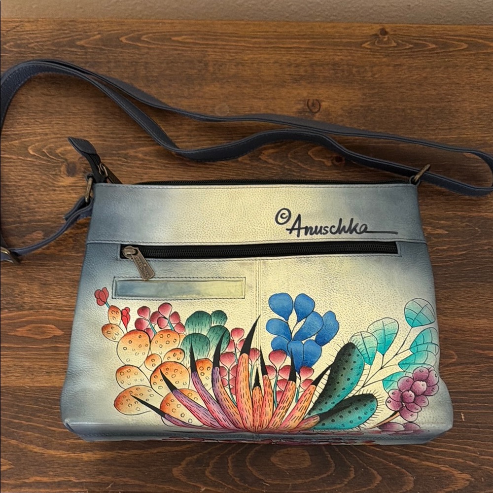 Anuschka Blue Floral Leather Crossbody Bag